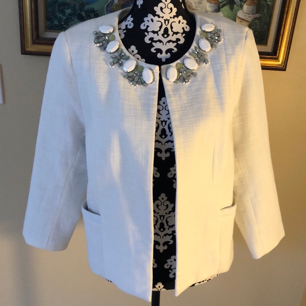Dylan Gray Jewel Front Neckline, leather trim pockets, cotton, hook-eye close